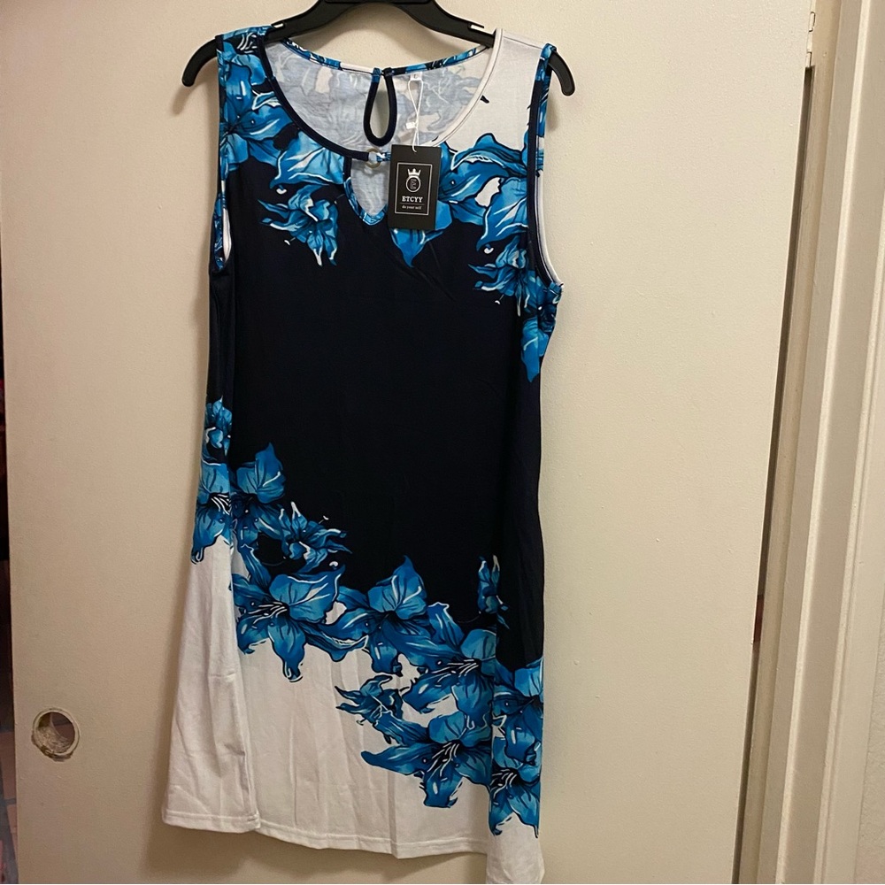New Trend Womens Mini Tank Dress L Floral Blue & White Print On Black NWT New